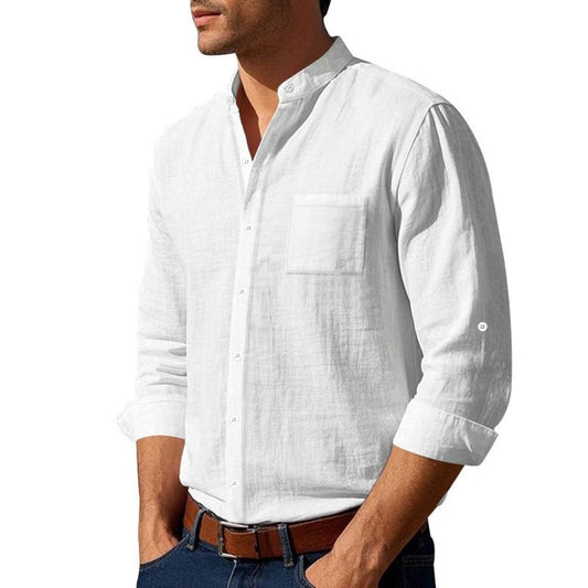 Spring/Autumn Linen Long Sleeve Shirt Stand Collar Casual Men's Shirt New Chinese Style Patch Pocket