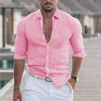 New Men's Summer Linen Flip Collar Beach Shirt Long Sleeve Solid Color Hawaiian Holiday Outfit