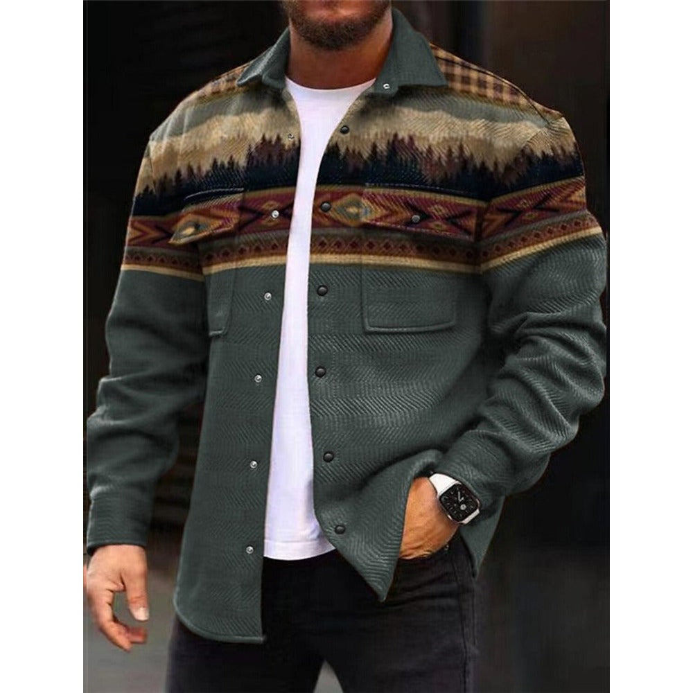 New Men's Ethnic Print Long-Sleeve Button-Up Shirt Jacket
