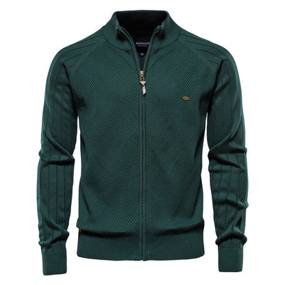 2025 Fall & Spring Men’s Cardigan Sweater - Solid Color Ribbed Collar Knit Pullover, Casual High Neck