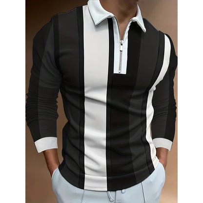 Autumn New 3D Print Long Sleeve Zipper Polo Shirt Men's Business Casual