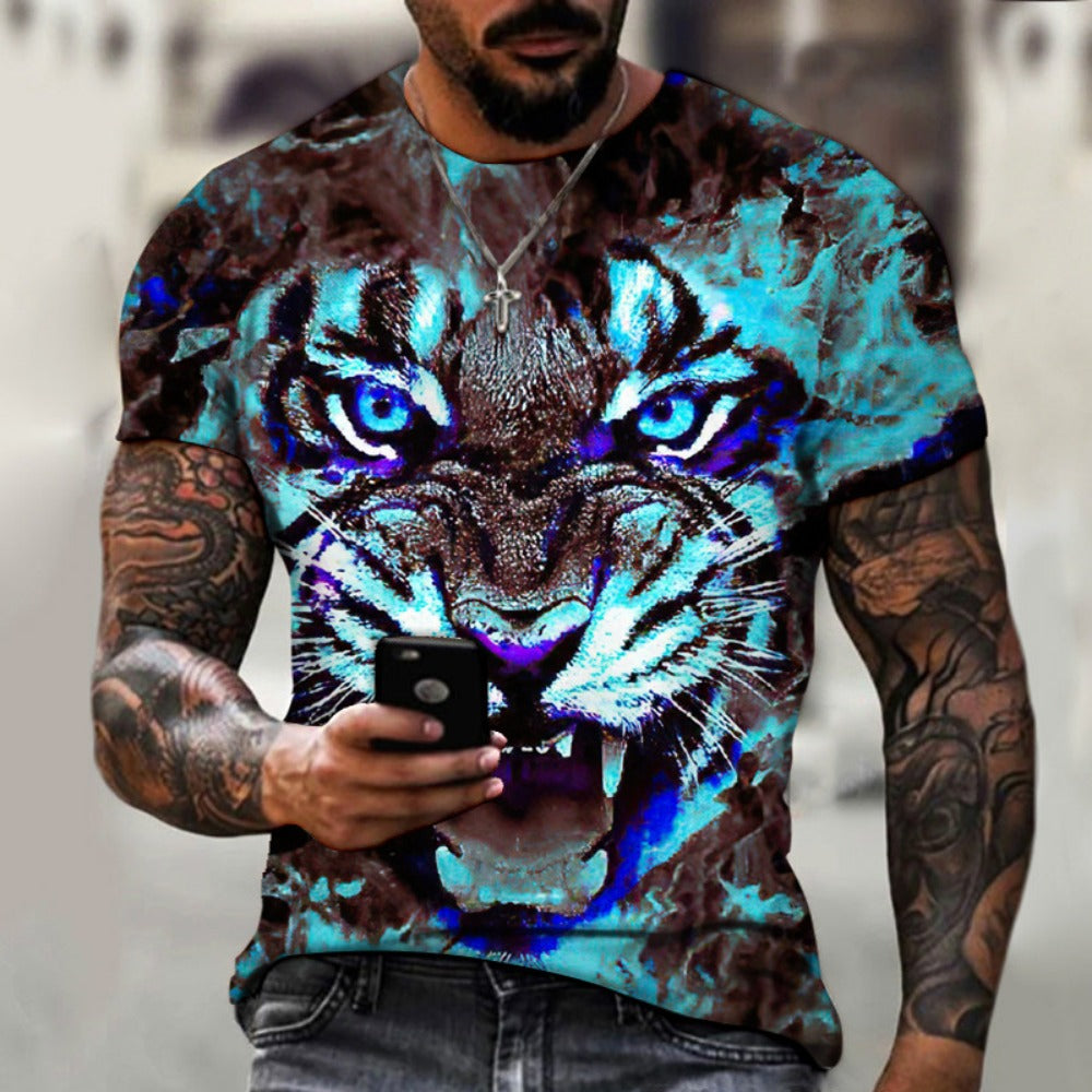 Hot New Men's 3D Digital Print Black Cat Round-Neck Short-Sleeve Tee