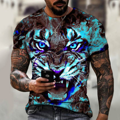 Hot New Men's 3D Digital Print Black Cat Round-Neck Short-Sleeve Tee