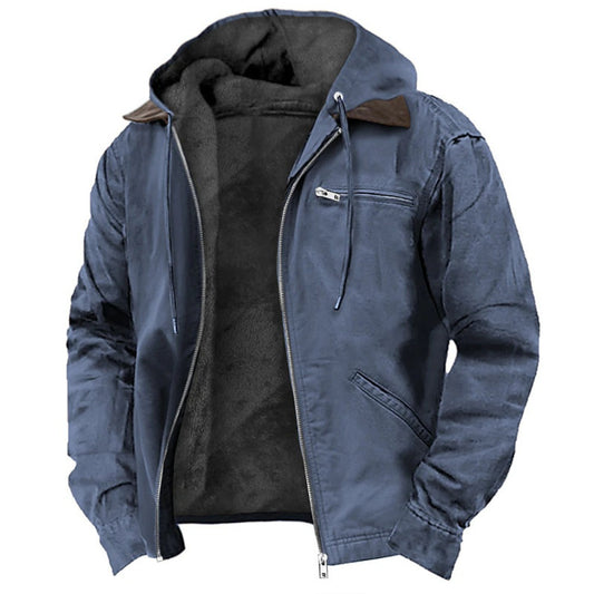 Solid Color Hooded Fleece-Lined Zip-Up Casual Jacket