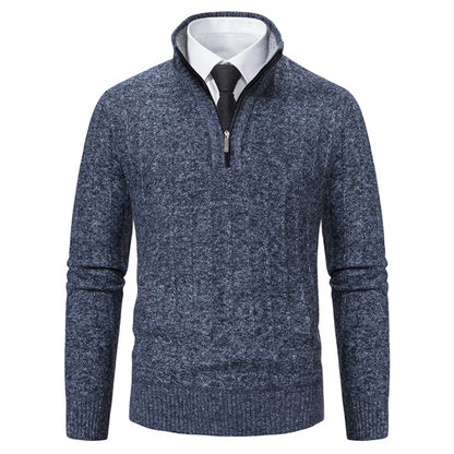 New Men's Half-Zip Pullover Knitted Sweater with Fleece Lining, Thickened Warm Base Layer