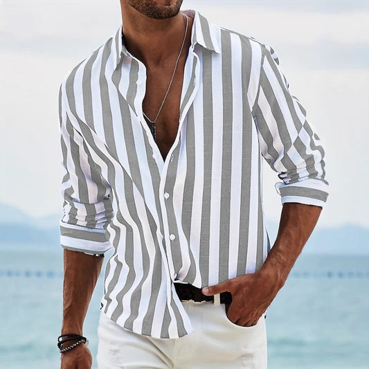 Men's Spring/Autumn Daily Casual Yarn-Dyed Stripe Flip Collar Long Sleeve Shirt