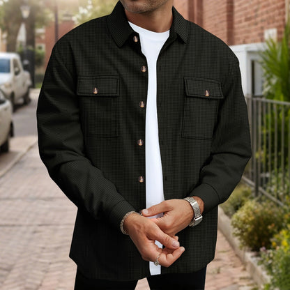 Mens Solid Color Waffle Knit Long Sleeve Button Down Shirt with Dual Pockets
