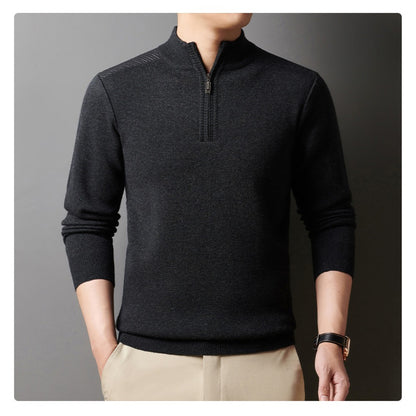 Stand-Up Collar Zipper Knit Sweater for Men – Casual Solid Color Pullover