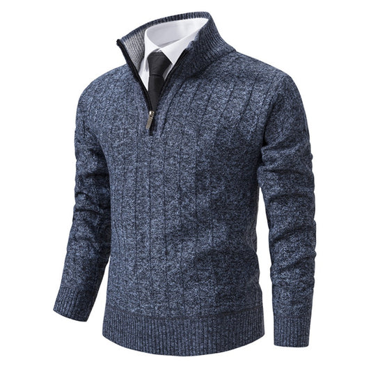 New Men's Half-Zip Pullover Knitted Sweater with Fleece Lining, Thickened Warm Base Layer