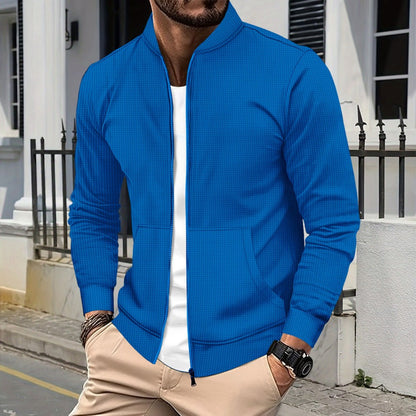 New Men's Waffle Knit Solid Color Zip-Up Baseball Jacket with Pockets