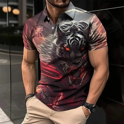 New Summer Men's Polo Shirt Patchwork Print 3D Print Simple Turn-Down Collar Button Shirt