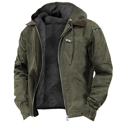 Solid Color Hooded Fleece-Lined Zip-Up Casual Jacket