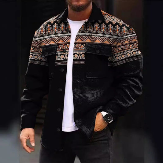 New Men's Ethnic Print Long-Sleeve Button-Up Shirt Jacket