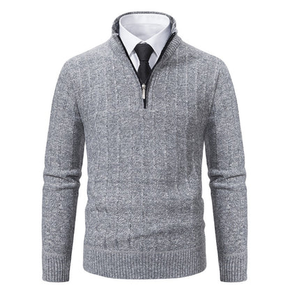 New Men's Half-Zip Pullover Knitted Sweater with Fleece Lining, Thickened Warm Base Layer