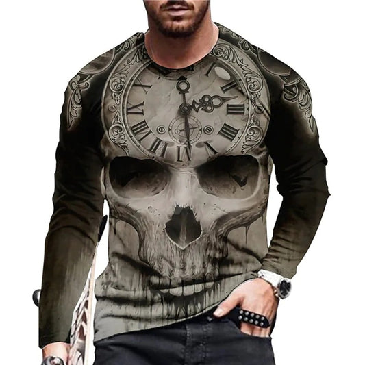 Skeleton Head 3D Digital Print Long-Sleeve Round-Neck Men's T-Shirt