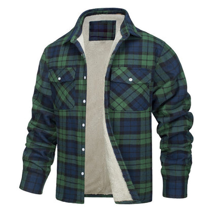New Fleece-Lined Plaid Long-Sleeve Lapel Button-Up Casual Jacket