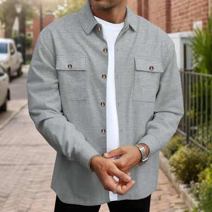 Mens Solid Color Waffle Knit Long Sleeve Button Down Shirt with Dual Pockets
