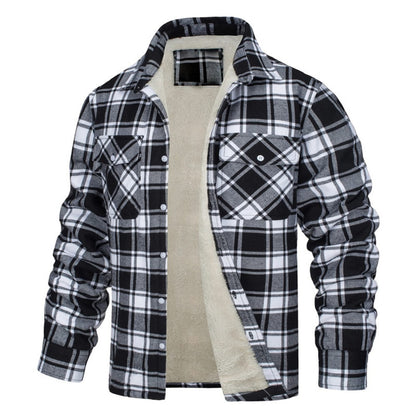 New Fleece-Lined Plaid Long-Sleeve Lapel Button-Up Casual Jacket