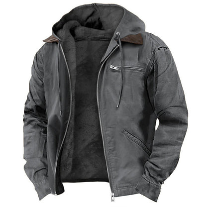 Solid Color Hooded Fleece-Lined Zip-Up Casual Jacket