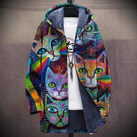 New Cat-Themed Fleece-Lined Zip-Up Hooded Jacket