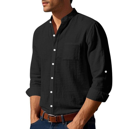 Spring/Autumn Linen Long Sleeve Shirt Stand Collar Casual Men's Shirt New Chinese Style Patch Pocket