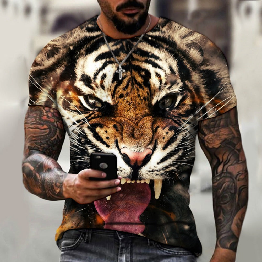 Hot New Men's 3D Digital Print Black Cat Round-Neck Short-Sleeve Tee