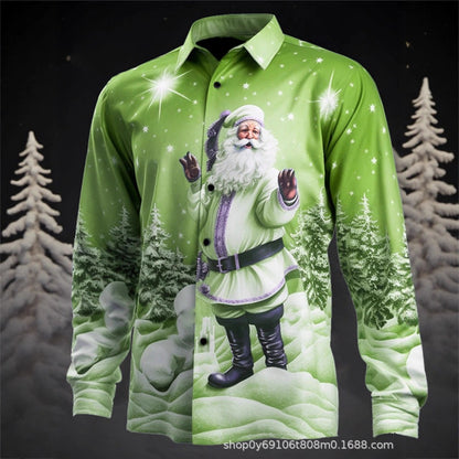 New Plus Size Men's 3D Christmas Print Slim Fit Men's Christmas Print Long Sleeve Shirt Fashion