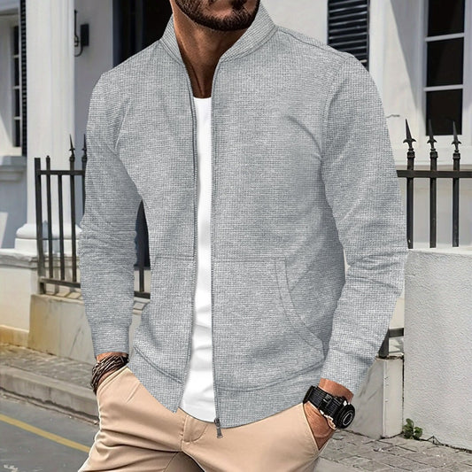 New Men's Waffle Knit Solid Color Zip-Up Baseball Jacket with Pockets