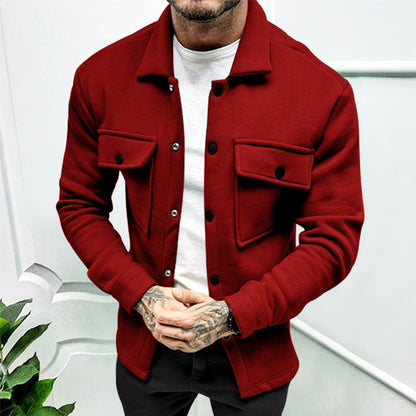 Men’s Fashion Casual Button Pocket Fleece Jacket Long Sleeve Solid Color Outerwear