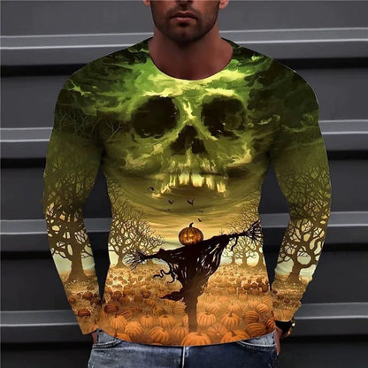 Men's Skeleton Print Round-Neck Long-Sleeve Streetwear Casual Tee