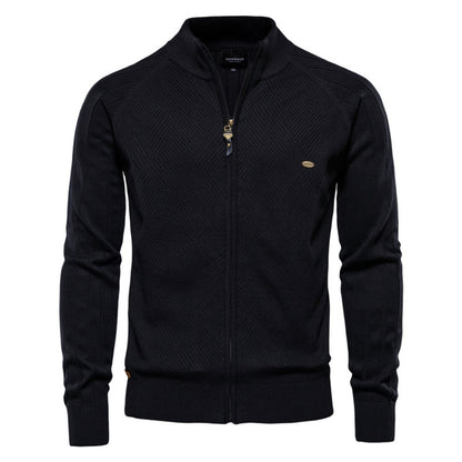 2025 Fall & Spring Men’s Cardigan Sweater - Solid Color Ribbed Collar Knit Pullover, Casual High Neck
