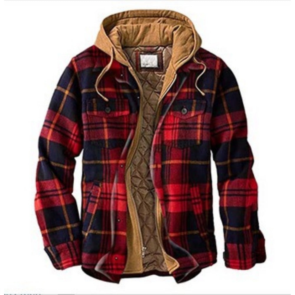 Bestseller Men's Plaid Long-Sleeve Loose Hooded Padded Jacket