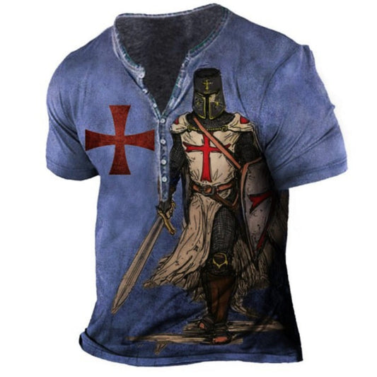 Summer New Men's 3D Digital Print Seven-Button V-Neck Short-Sleeve T-Shirt