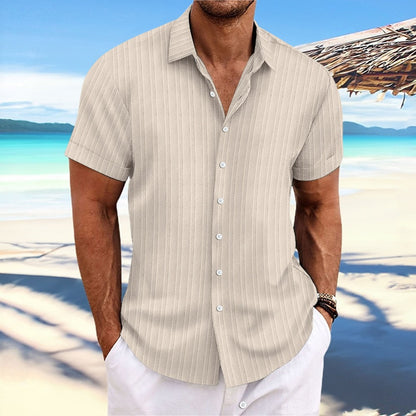 Solid Color Jacquard Wave Stripe Short Sleeve Shirt Men's Daily Casual Open Front