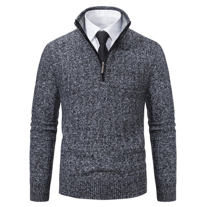 New Men's Half-Zip Pullover Knitted Sweater with Fleece Lining, Thickened Warm Base Layer