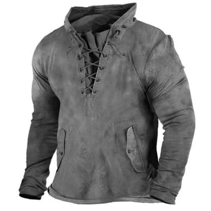 Men's Retro Tie-Front Hooded T-Shirt Loose Solid Color Outdoor Casual Top