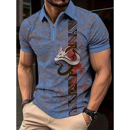 Men's Summer Hot Seller Dragon Pattern 3D Print Gradient Casual Business Zipper Short Sleeve Golf Polo Shirt