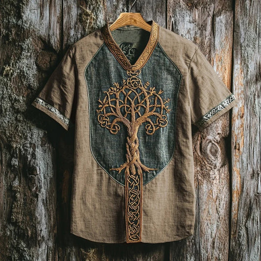 Summer Men's Linen Loose Fit Round-Neck Ethnic 3D Digital Print T-Shirt