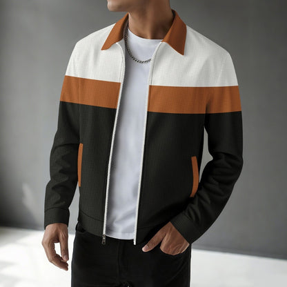 Men’s Autumn Colorblock Waffle Jacket Zip Pocket Turn-Down Collar Cardigan Slim Fit Jacket