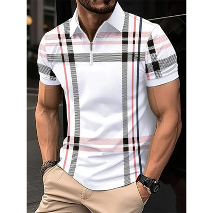 Summer Plaid Print Short Sleeve Top Men's Casual Turn-Down Collar Polo Shirt