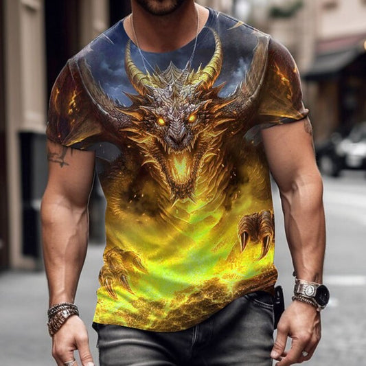New Casual Versatile High-Quality Dragon Print Men's Short-Sleeve Tee