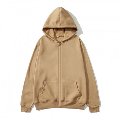 Unisex Zip-Up Hoodie Open-Front Solid Color Sportswear Top