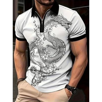 Men's Summer Hot Seller Dragon Pattern 3D Print Gradient Casual Business Zipper Short Sleeve Golf Polo Shirt