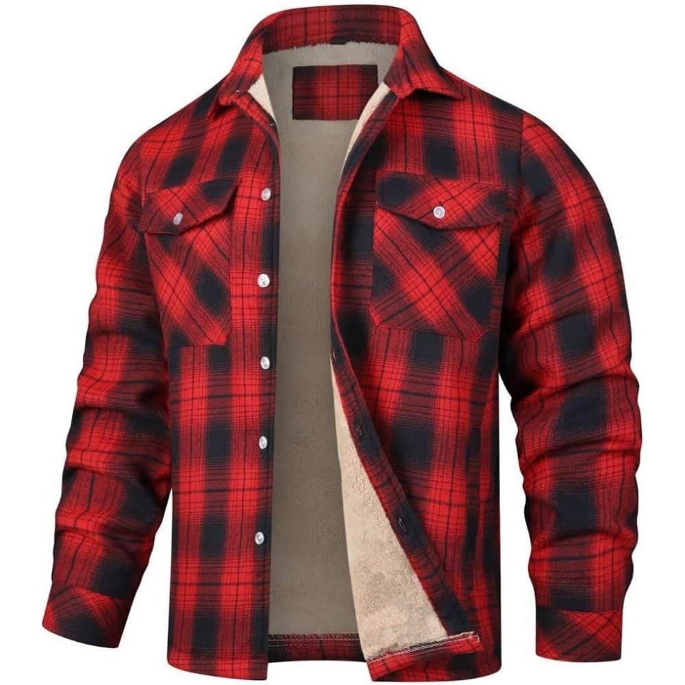 New Fleece-Lined Plaid Long-Sleeve Lapel Button-Up Casual Jacket
