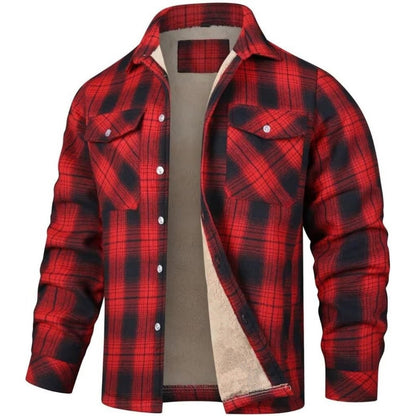 New Fleece-Lined Plaid Long-Sleeve Lapel Button-Up Casual Jacket