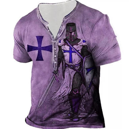 Summer New Men's 3D Digital Print Seven-Button V-Neck Short-Sleeve T-Shirt