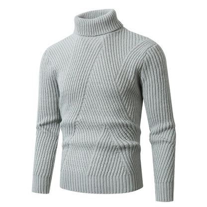 Men’s High-Neck Sweater – Slanted Pattern Youth Solid Color Slim Fit Warm Knitwear