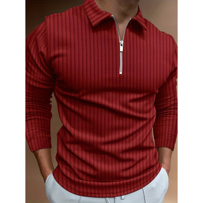 Autumn New 3D Print Stripe Men's Casual Long Sleeve Zipper Polo Shirt