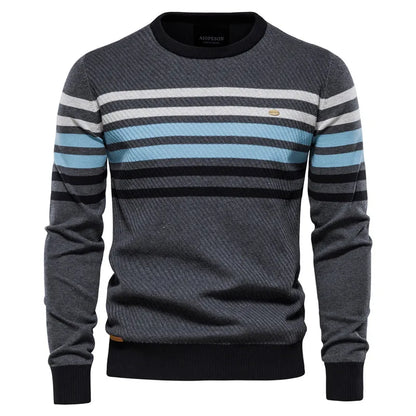 New Men's Striped Patch Long-Sleeve Knit Sweater, Fashion Round Neck Casual Pullover