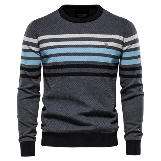 New Men's Striped Patch Long-Sleeve Knit Sweater, Fashion Round Neck Casual Pullover
